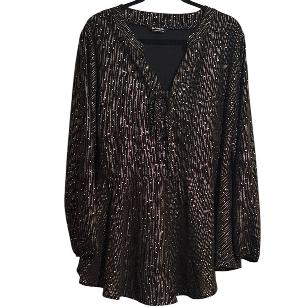 ☀️ BloomChic Black with Gold Star Design Flowy Blouse